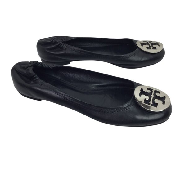 Tory Burch Black Leather Minnie Travel Ballet Flats W/ Silver Logo Womens 7 - Picture 5 of 11